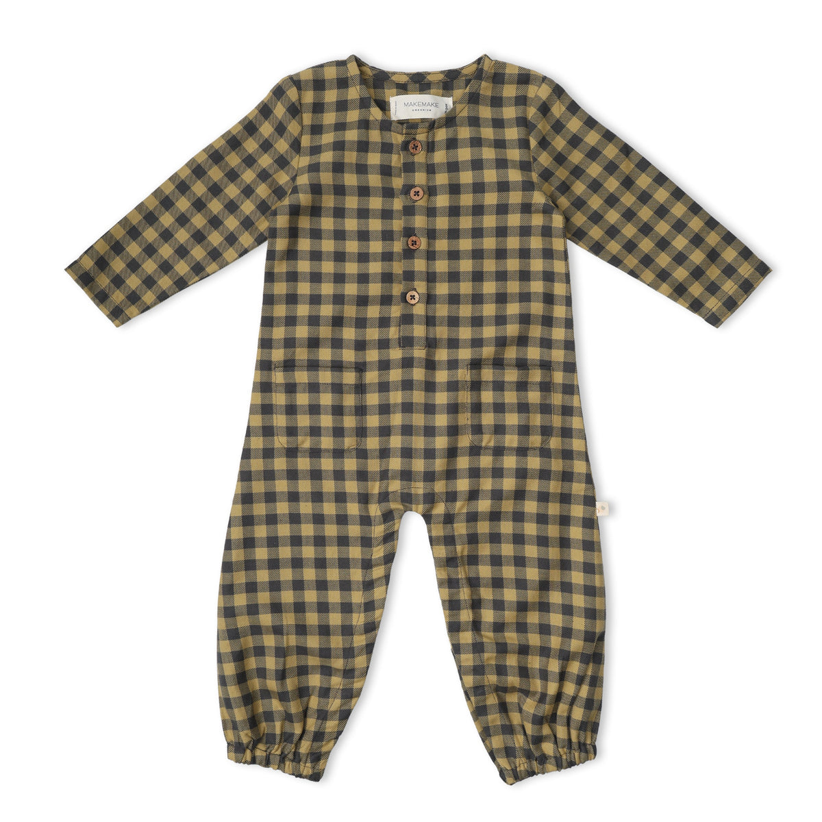 Organic Cotton Twill Long Sleeve Button Romper for Babies – Olive Gingham