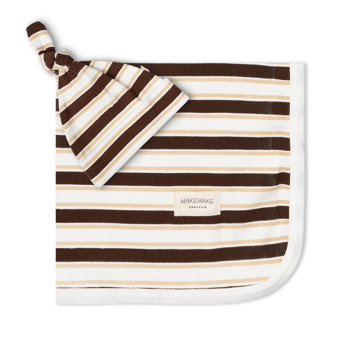 Organic Cotton Swaddle Blanket & Knotted Hat Set for Newborns – Cocoa Stripe