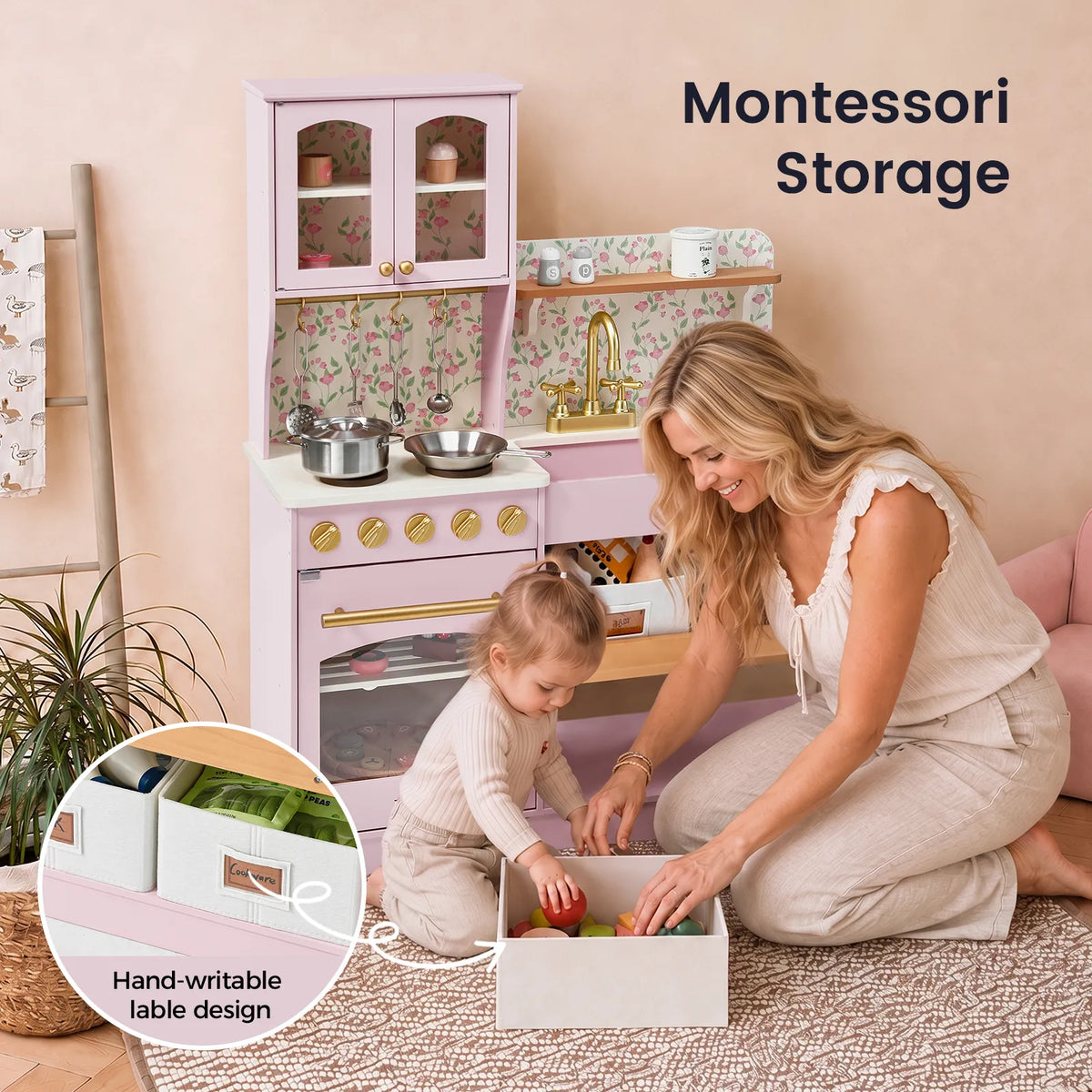 Tiny Land Wooden Play Kitchen with Storage – Cottage-Style Toddler Kitchen