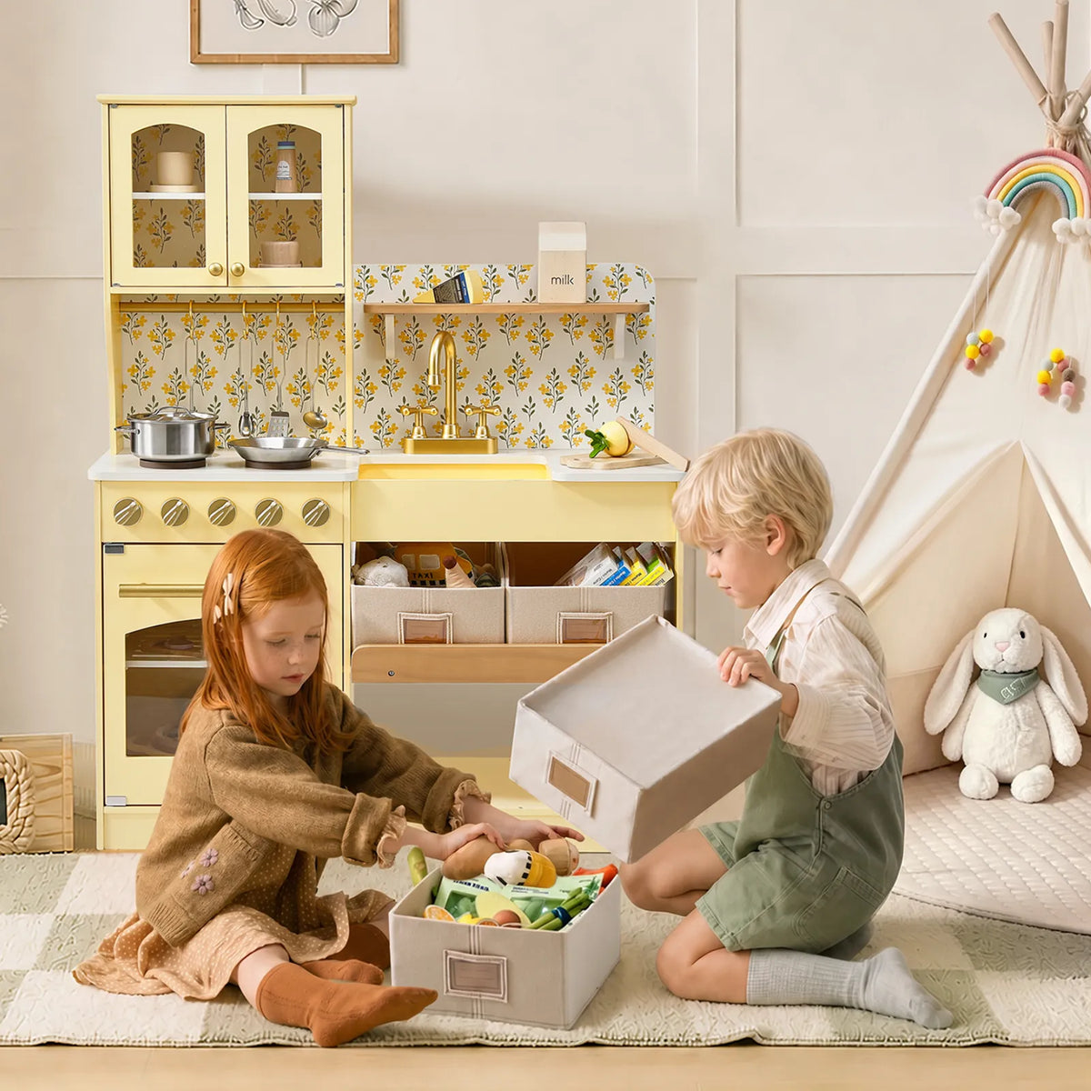 Tiny Land Wooden Play Kitchen with Storage – Cottage-Style Toddler Kitchen