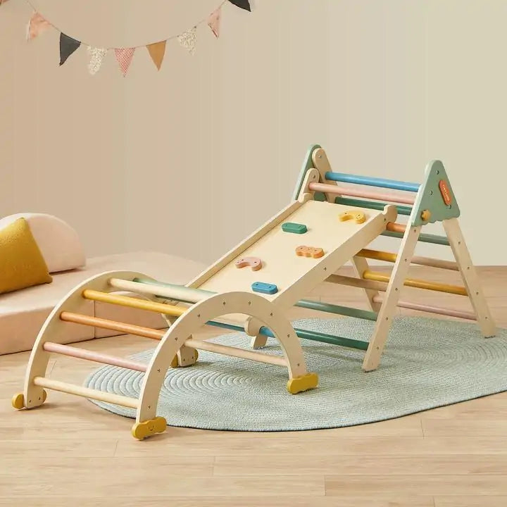 Tiny Land 7-in-1 Morandi Pikler Triangle Set – Foldable Wooden Montessori Climber