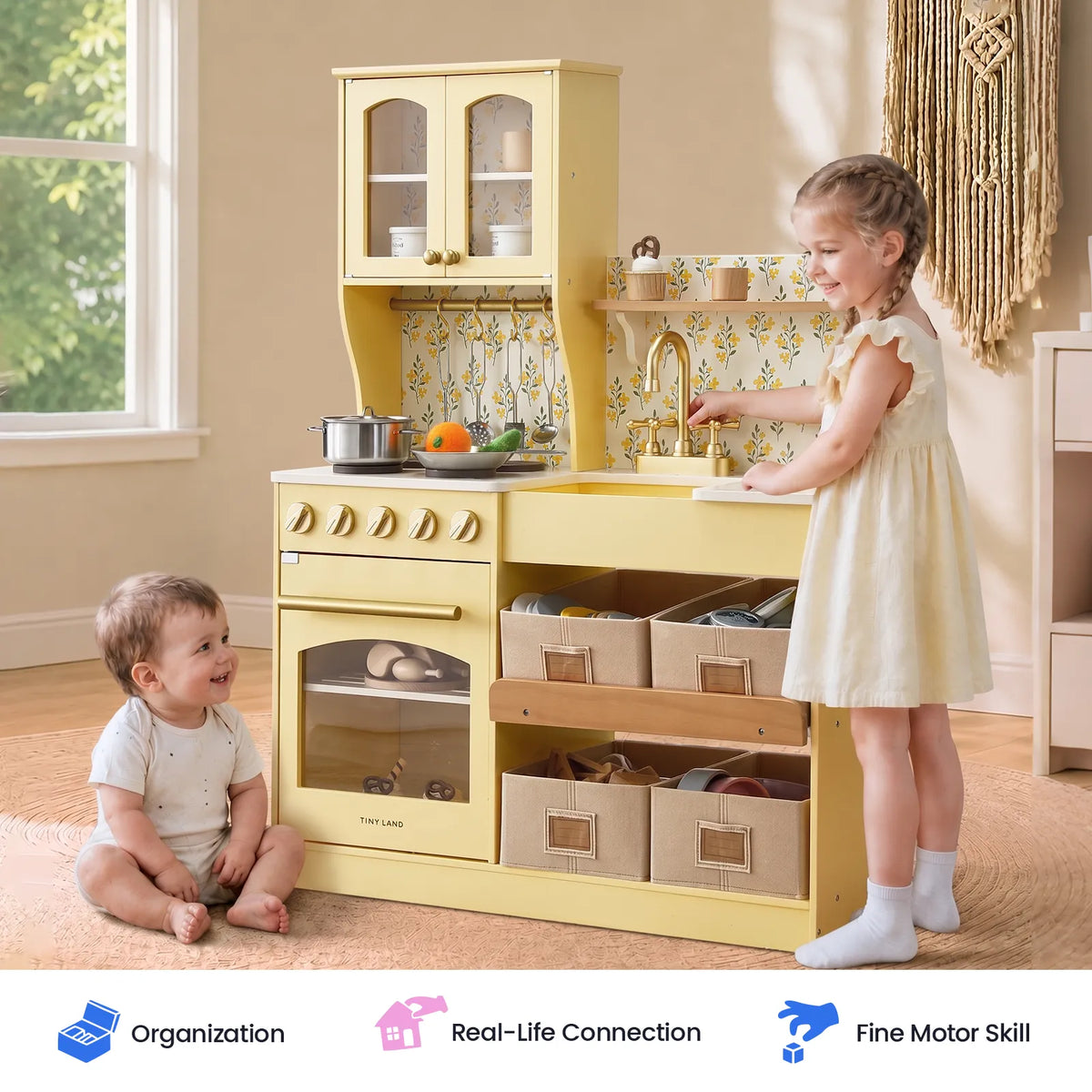 Tiny Land Wooden Play Kitchen with Storage – Cottage-Style Toddler Kitchen