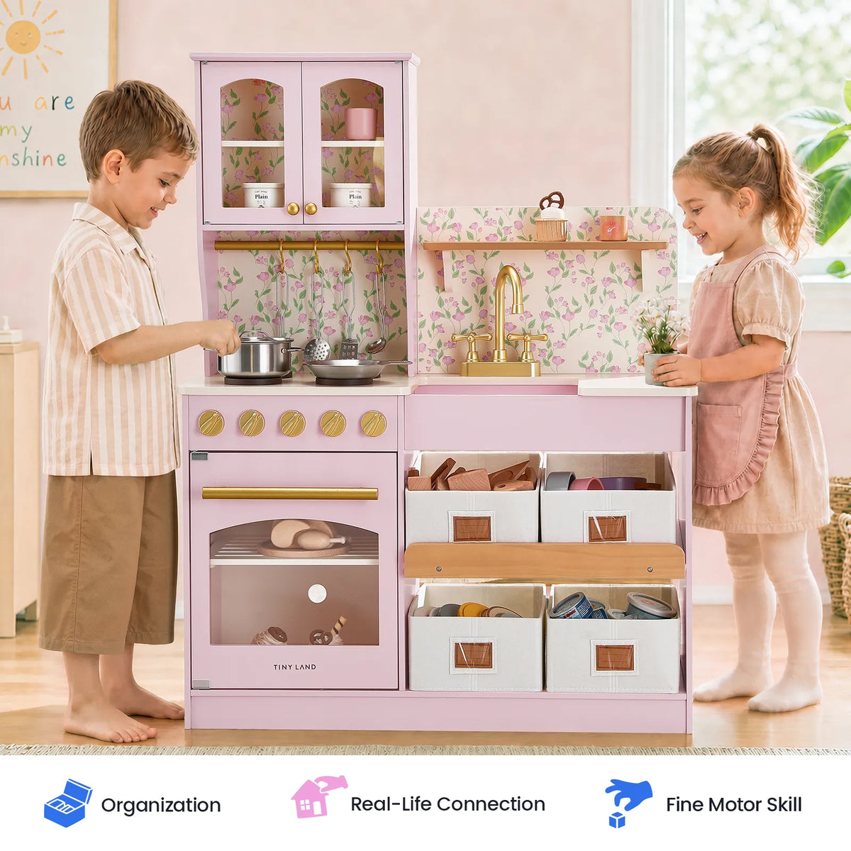 Tiny Land Wooden Play Kitchen with Storage – Cottage-Style Toddler Kitchen