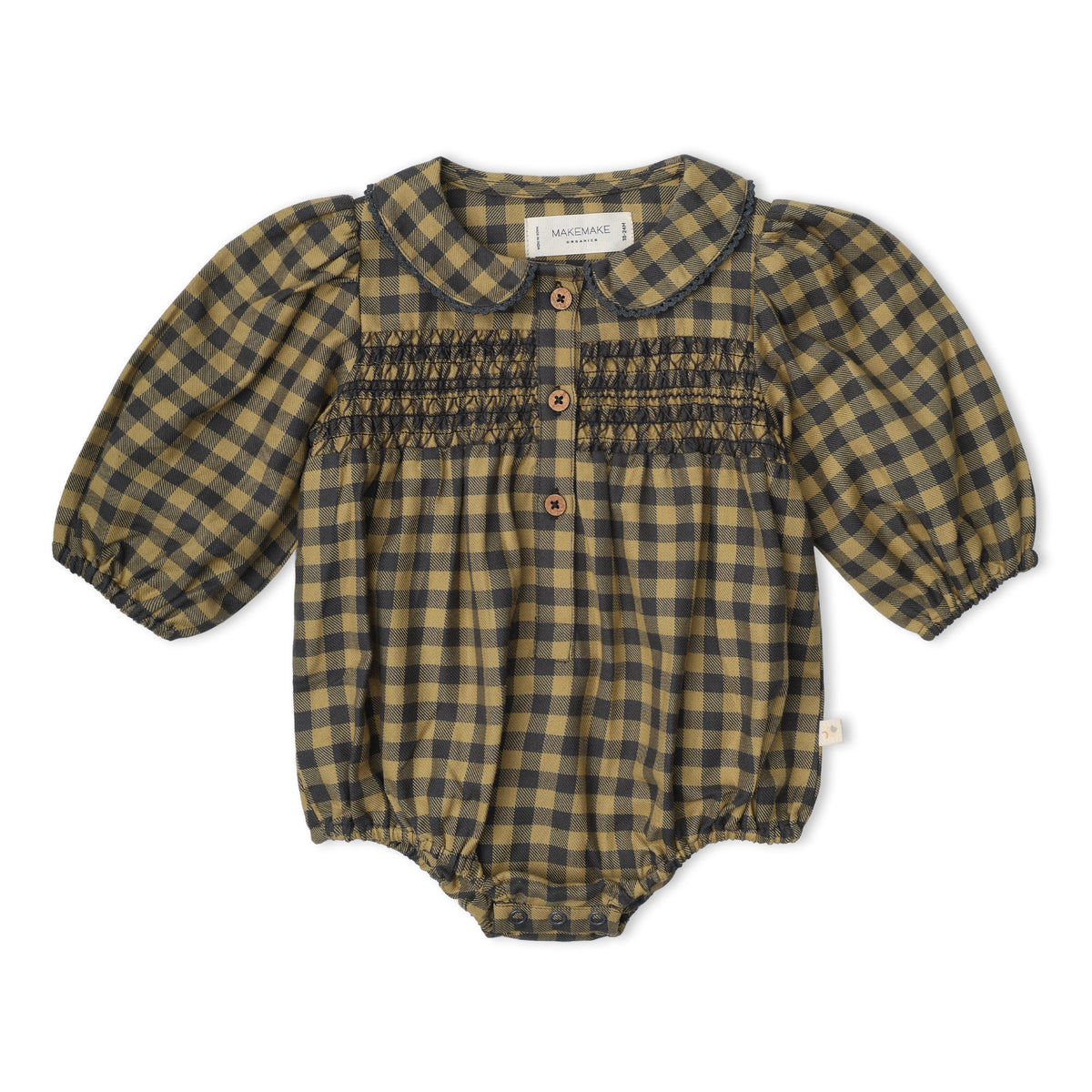 Organic Cotton Smocked Long Sleeve Bubble Romper for Babies – Olive Gingham