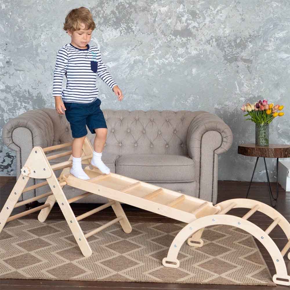 Wood and Hearts Eco-Friendly Wooden Montessori Climbing 3-in-1 Set | Foldable Triangle, Climbing Arch, Rocker Board