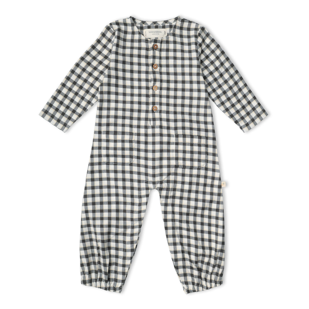 Organic Cotton Twill Long Sleeve Button Romper for Babies – Charcoal Plaid