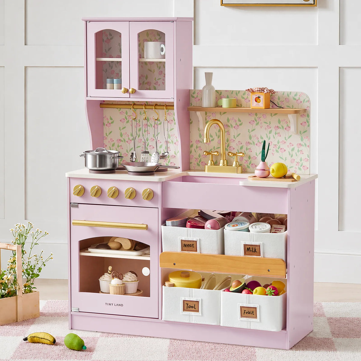 Tiny Land Wooden Play Kitchen with Storage – Cottage-Style Toddler Kitchen