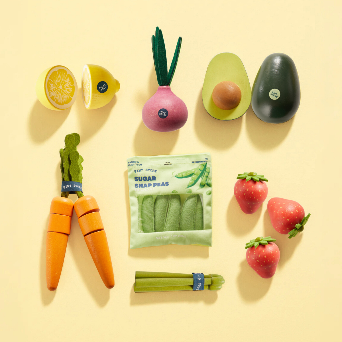 Tiny Land Fruit & Veggie Play Food Set – Wood, Felt & Cotton Pretend Food