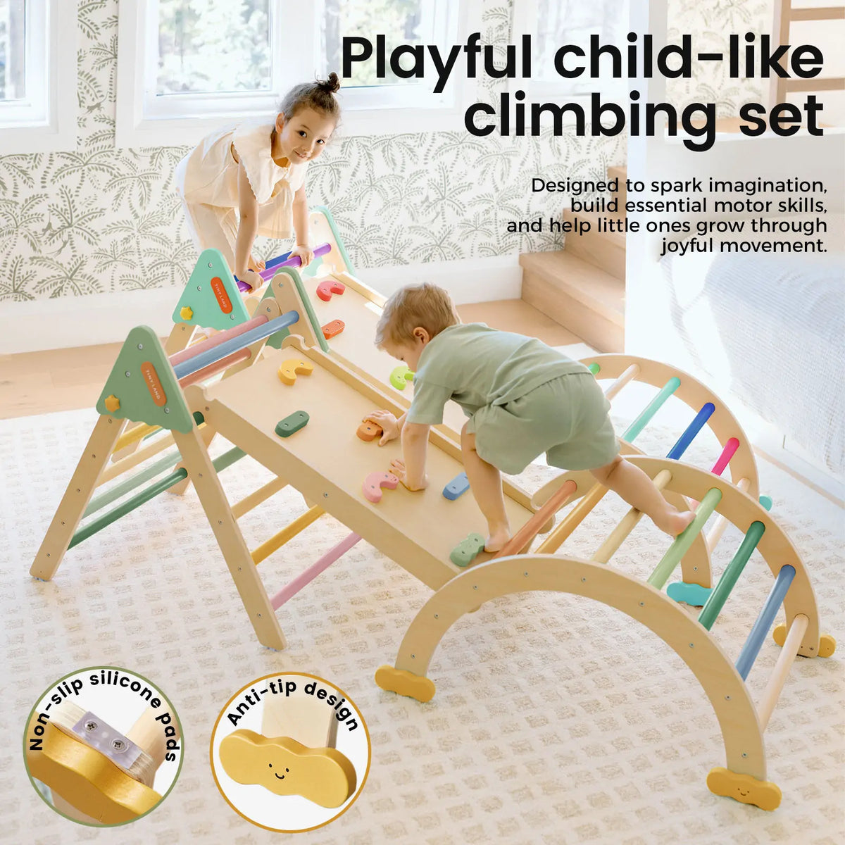 Tiny Land 7-in-1 Morandi Pikler Triangle Set – Foldable Wooden Montessori Climber
