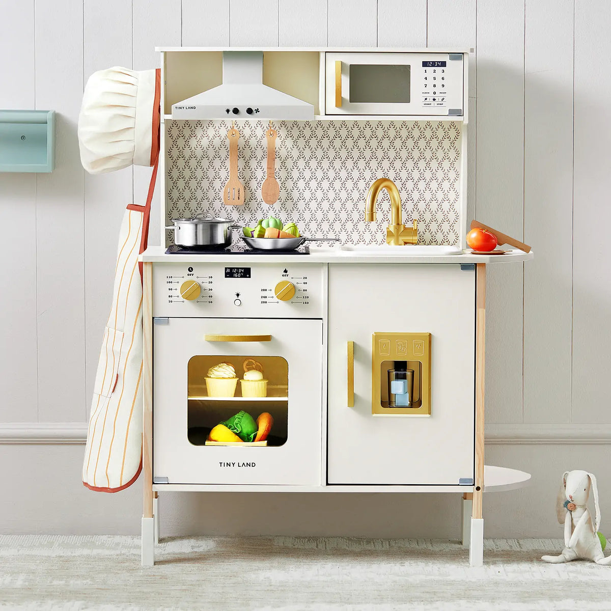Tiny Land® PopJoy Wooden Play Kitchen with Lights & Sounds, Adjustable Height, Accessories Included – Ages 3–7