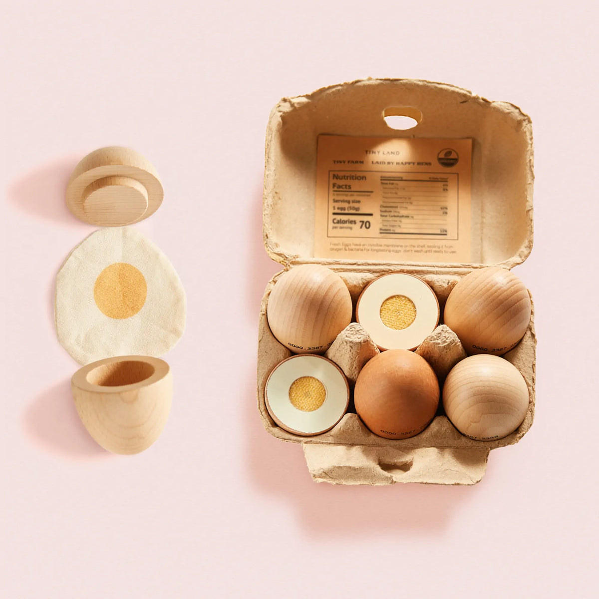 Tiny Land® Wooden Egg Combo Playset – 6 Beech Wood Play Eggs with Carton & Cloth Yolk, Pretend Play Food, Ages 3+
