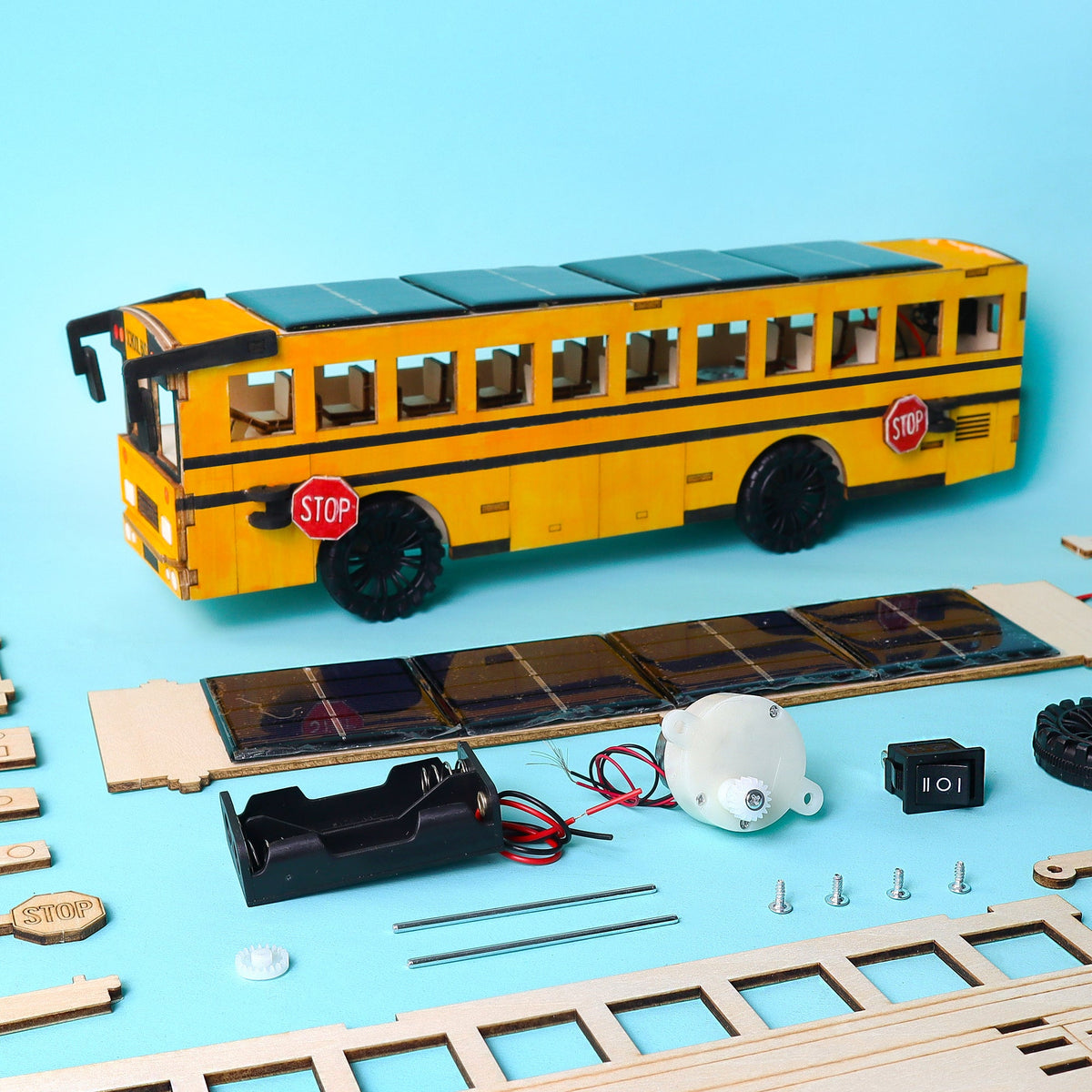 Kitsville Dual Power School Bus DIY Kit – Wooden STEM Building Kit for Kids