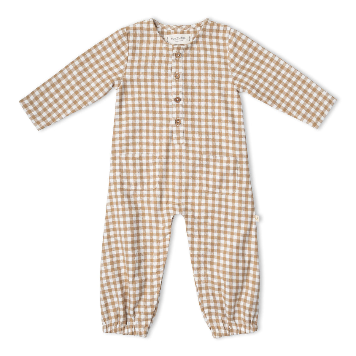 Organic Cotton Twill Long Sleeve Button Romper for Babies – Oat Gingham