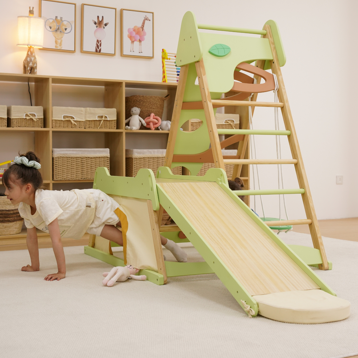 Avenlur Bush 6-in-1 Wooden Indoor Jungle Gym – Montessori Toddler Climber with Slide, Rock Wall & Swing