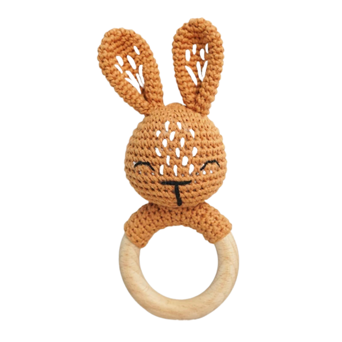 Rainbow Sprout Handmade Organic Cotton Bunny Rattle Teether with Wooden Ring – Brown/Rust