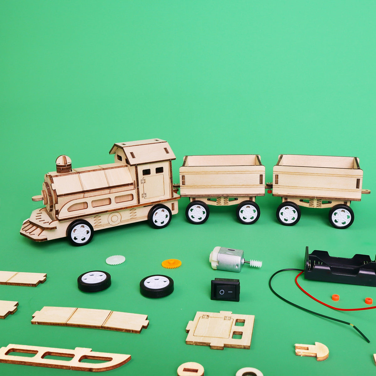 Kitsville Motorized Train DIY Kit – Wooden STEM Building Kit for Kids