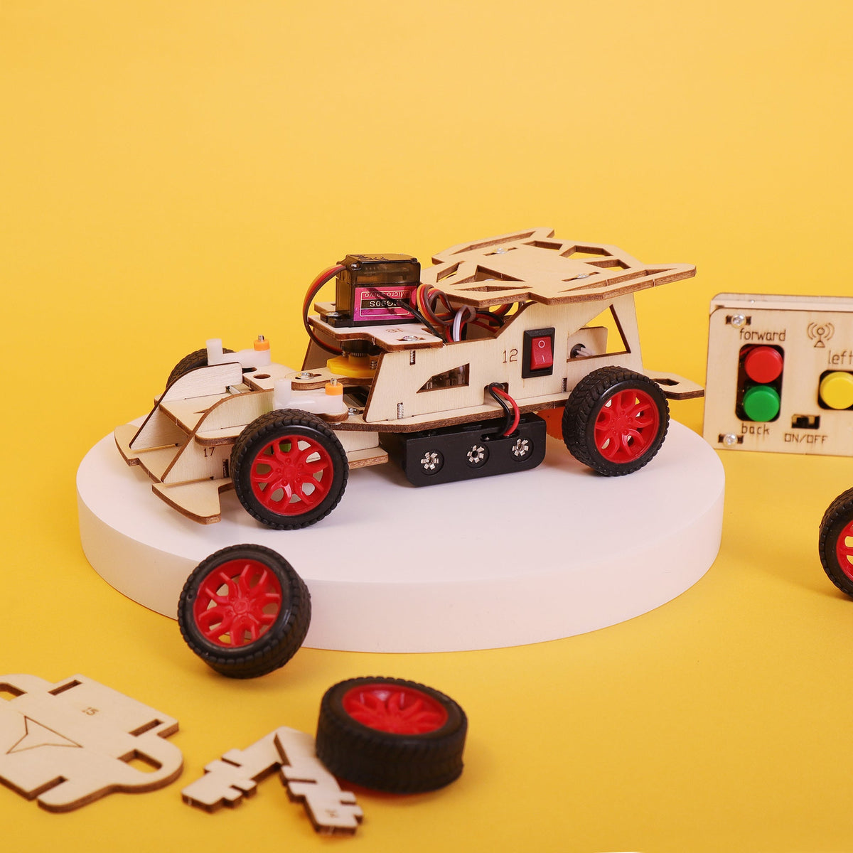 Kitsville Steering Remote Control Car DIY Kit – Wooden STEM Building Kit for Kids 12+