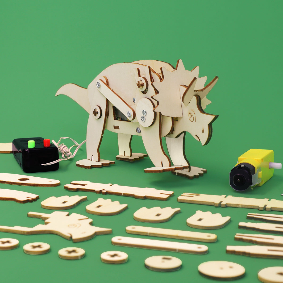 Kitsville Triceratops Dinosaur Robot DIY Kit – Wooden STEM Building Kit for Kids 8+