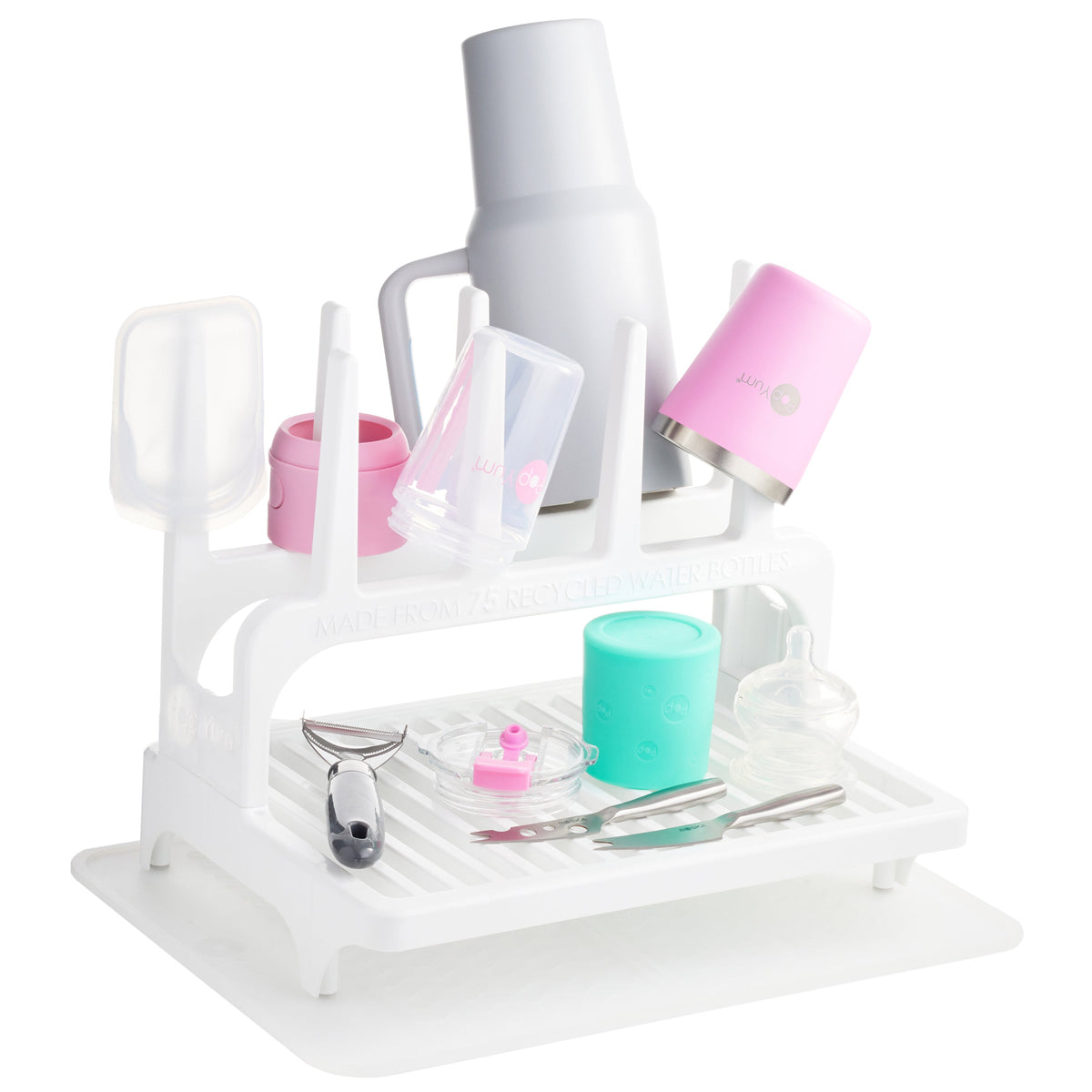 PopYum Space-Saving Baby Bottle Drying Rack with Silicone Mat – Glacier White, Made from Recycled Bottles