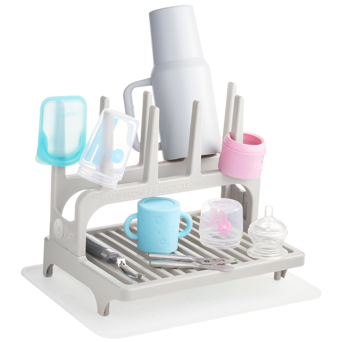 PopYum Space-Saving Baby Bottle Drying Rack with Silicone Mat – Seattle Gray, Made from Recycled Bottles