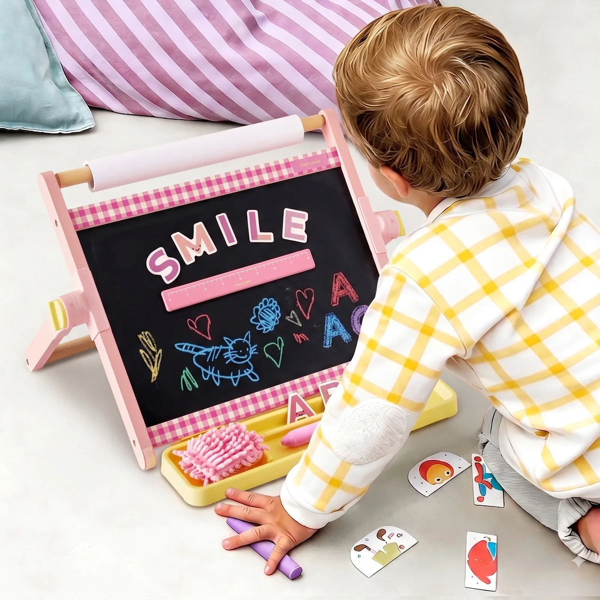 Tiny Land® Double-Sided Magnetic Tabletop Easel – Whiteboard, Chalkboard & Paper Roll with Letter Magnets, Ages 3+