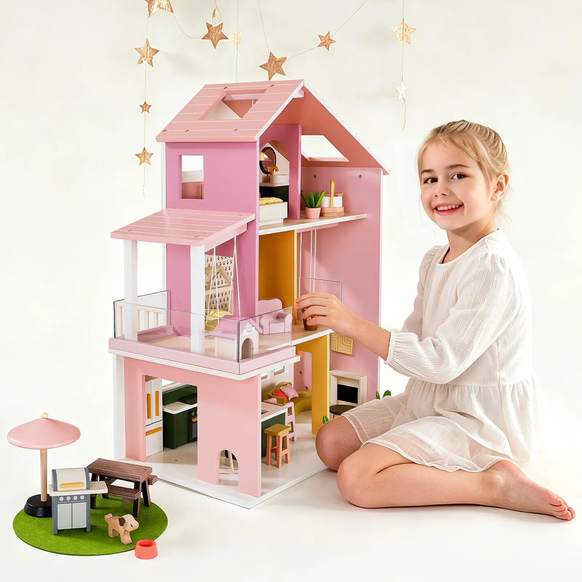 Tiny Land® Sweetwood Edge Wooden Dollhouse with Furniture – 3-Story 1:12 Scale Dollhouse, Green or Pink, Ages 3+