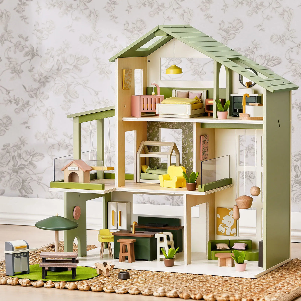 Tiny Land® Sweetwood Edge Wooden Dollhouse with Furniture – 3-Story 1:12 Scale Dollhouse, Green or Pink, Ages 3+