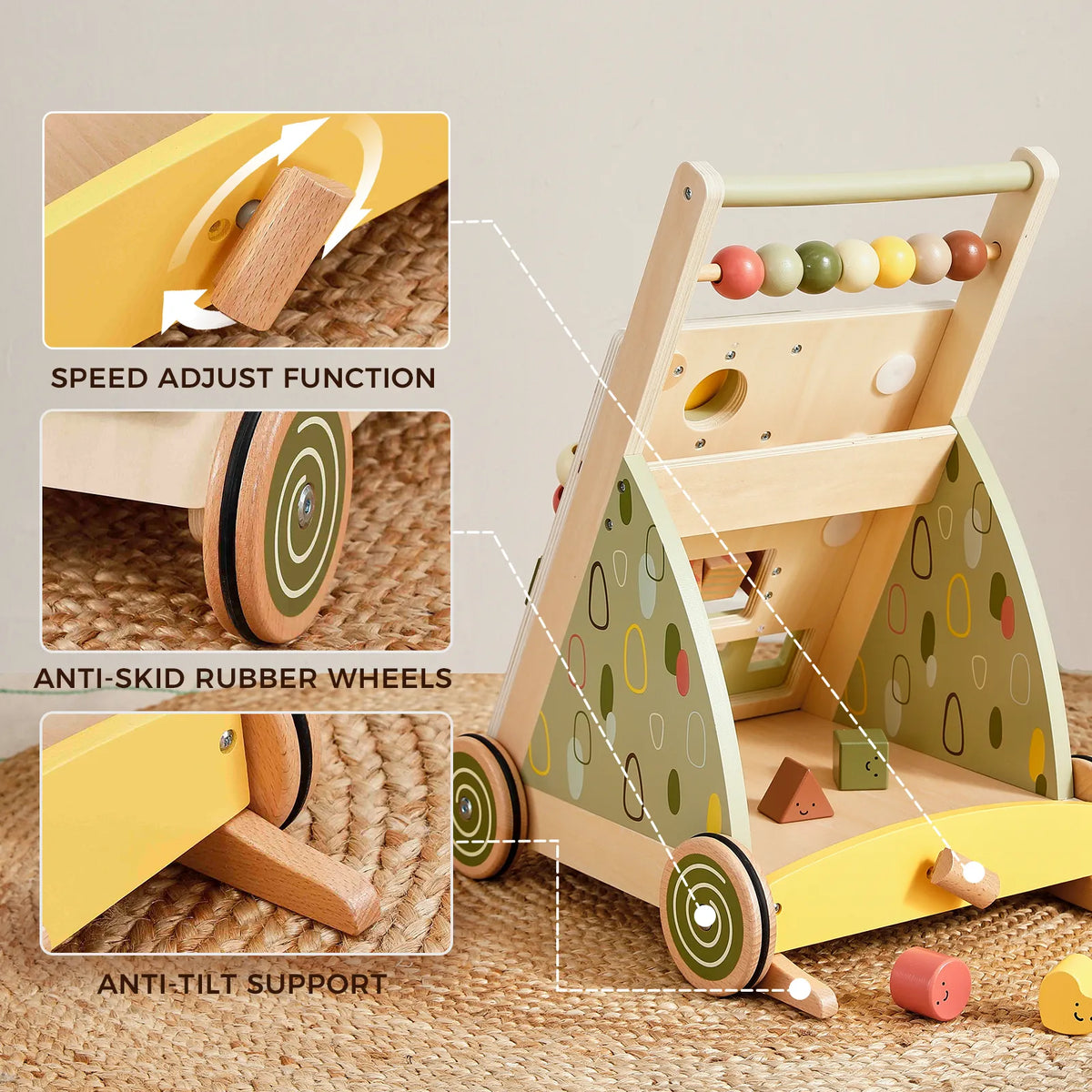 Tiny Land Sage Green Wooden Baby Walker – Push Walker with Activity Center