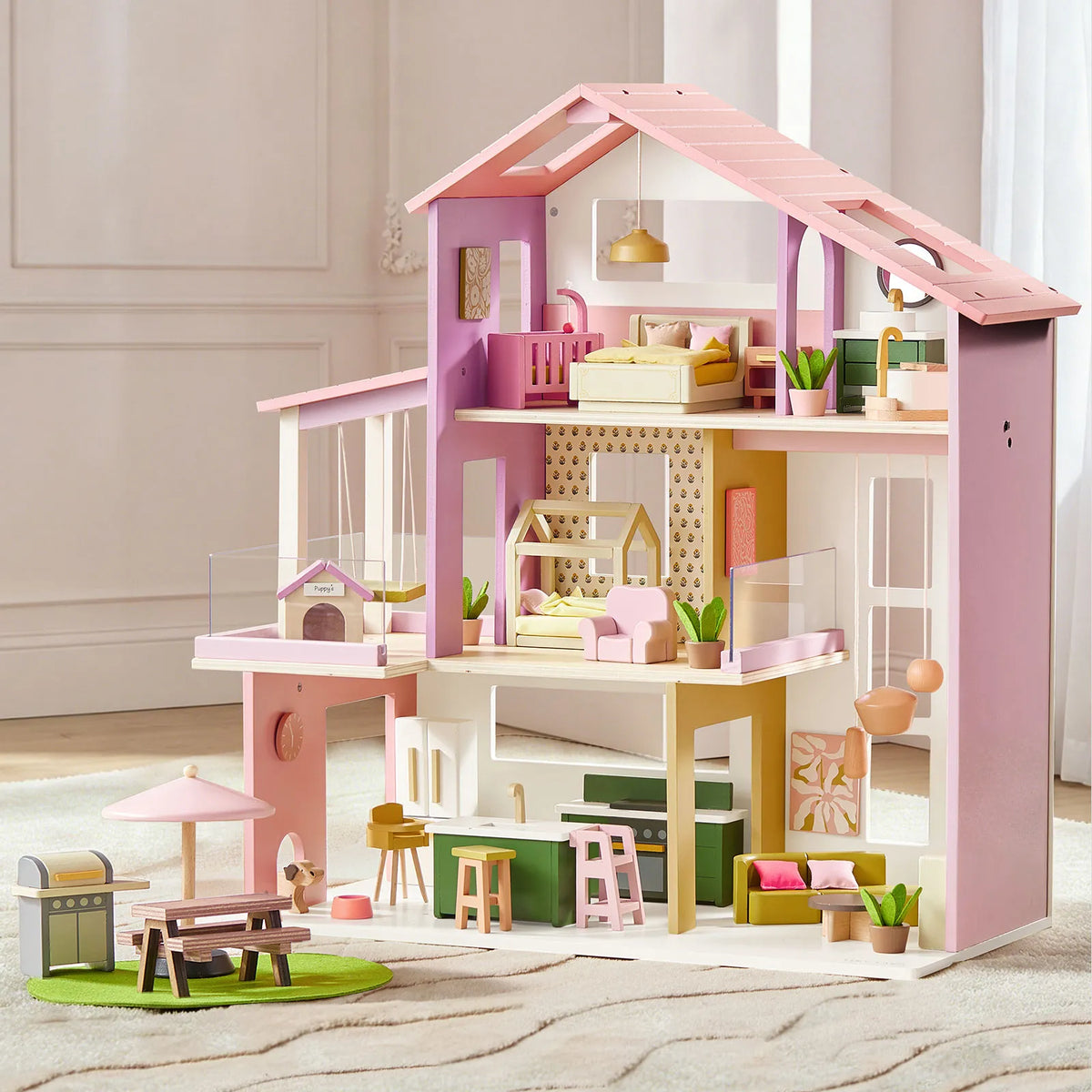 Tiny Land® Sweetwood Edge Wooden Dollhouse with Furniture – 3-Story 1:12 Scale Dollhouse, Green or Pink, Ages 3+