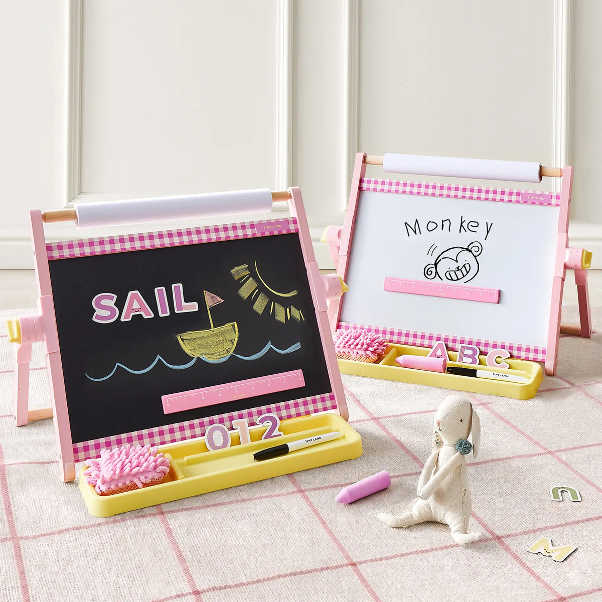 Tiny Land® Double-Sided Magnetic Tabletop Easel – Whiteboard, Chalkboard & Paper Roll with Letter Magnets, Ages 3+