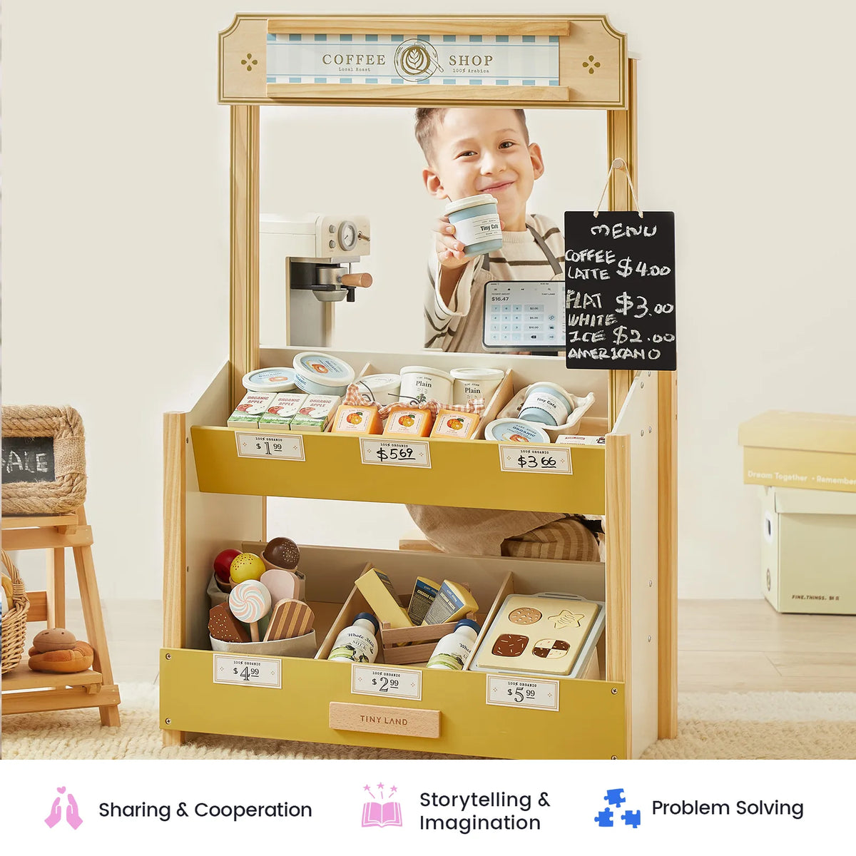 Tiny Land Wooden Grocery Store Playset – Kids' Pretend Play Market Stand