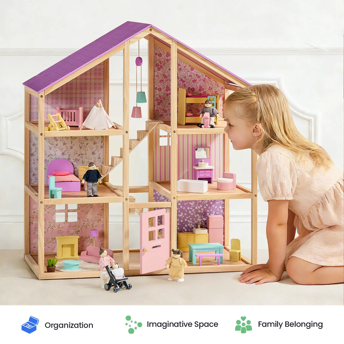 Tiny Land® Sweetwood Wooden Dollhouse without Dolls – 3 Levels + Attic, 6 Rooms, Wooden Furniture Set, Ages 3+