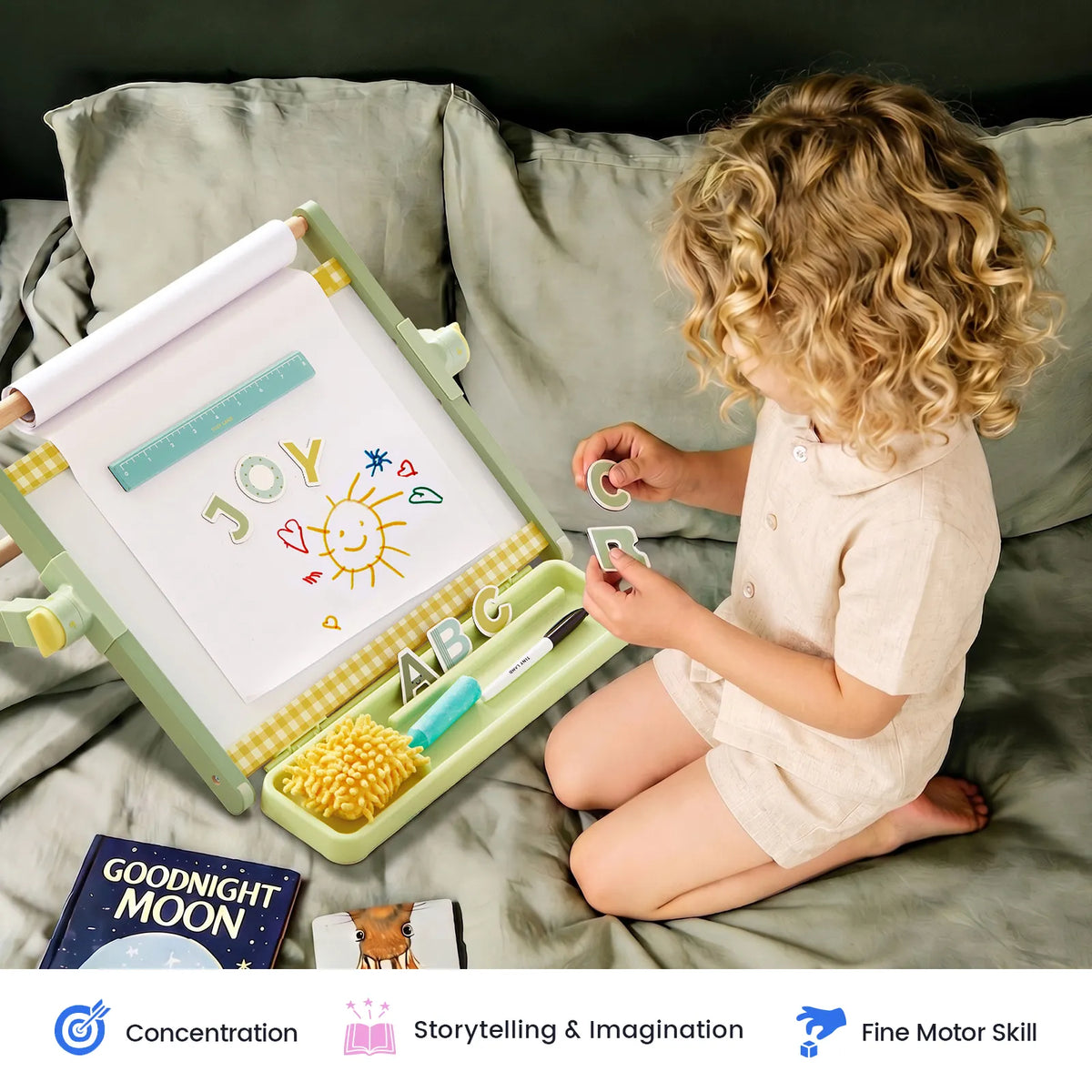 Tiny Land® Double-Sided Magnetic Tabletop Easel – Whiteboard, Chalkboard & Paper Roll with Letter Magnets, Ages 3+