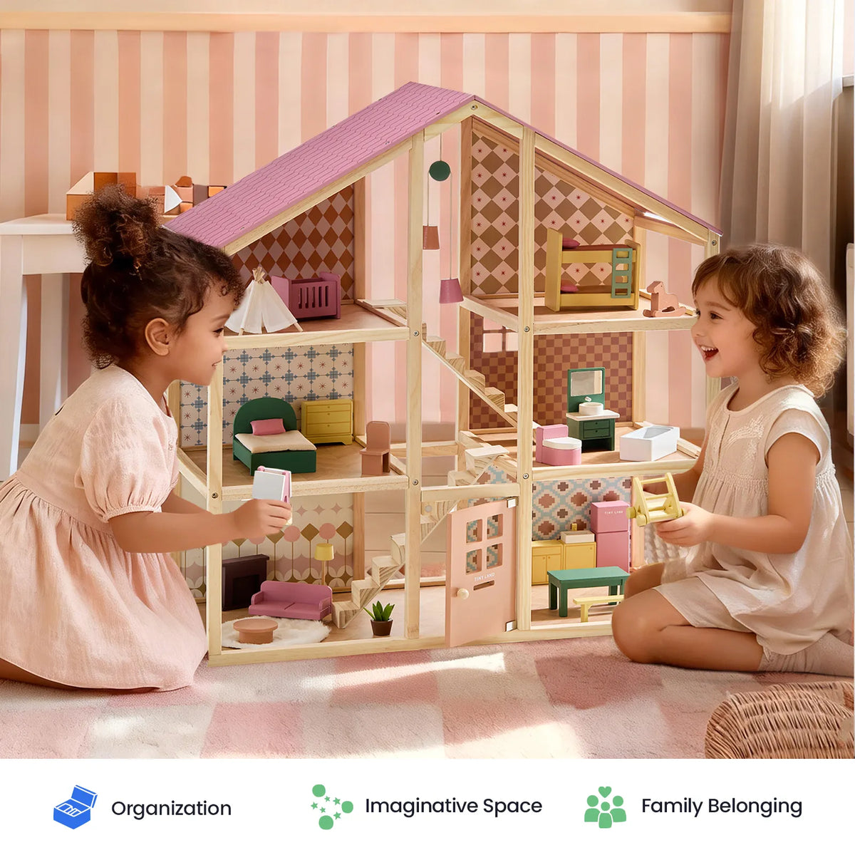 Tiny Land® Sweetwood Wooden Dollhouse without Dolls – 3 Levels + Attic, 6 Rooms, Wooden Furniture Set, Ages 3+