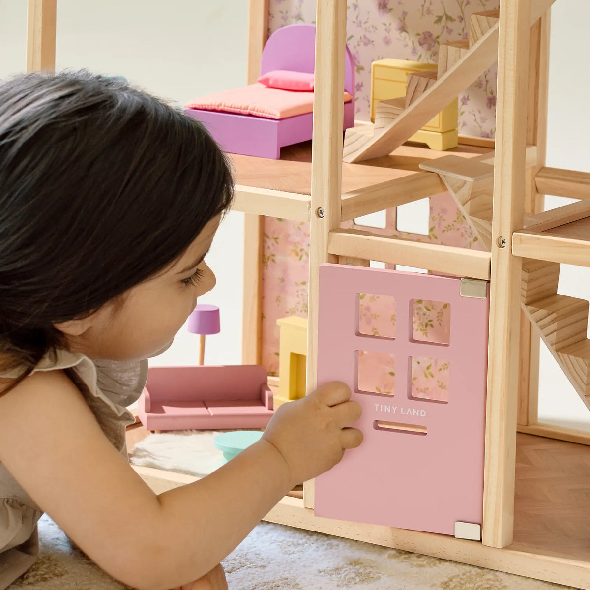 Tiny Land® Sweetwood Wooden Dollhouse without Dolls – 3 Levels + Attic, 6 Rooms, Wooden Furniture Set, Ages 3+