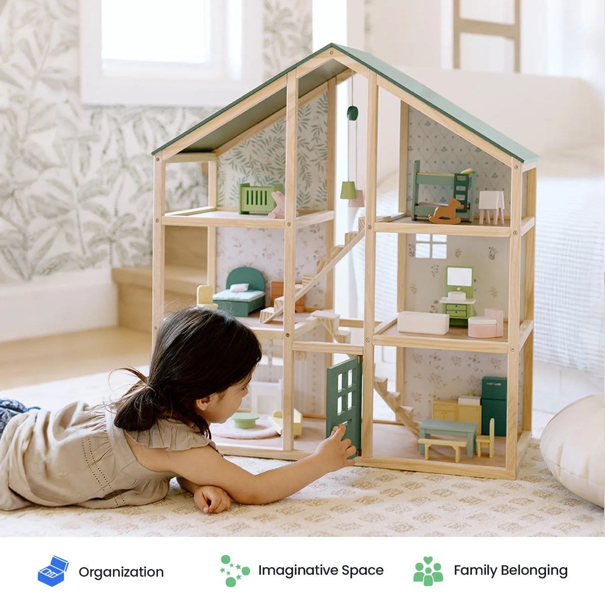 Tiny Land® Sweetwood Wooden Dollhouse without Dolls – 3 Levels + Attic, 6 Rooms, Wooden Furniture Set, Ages 3+