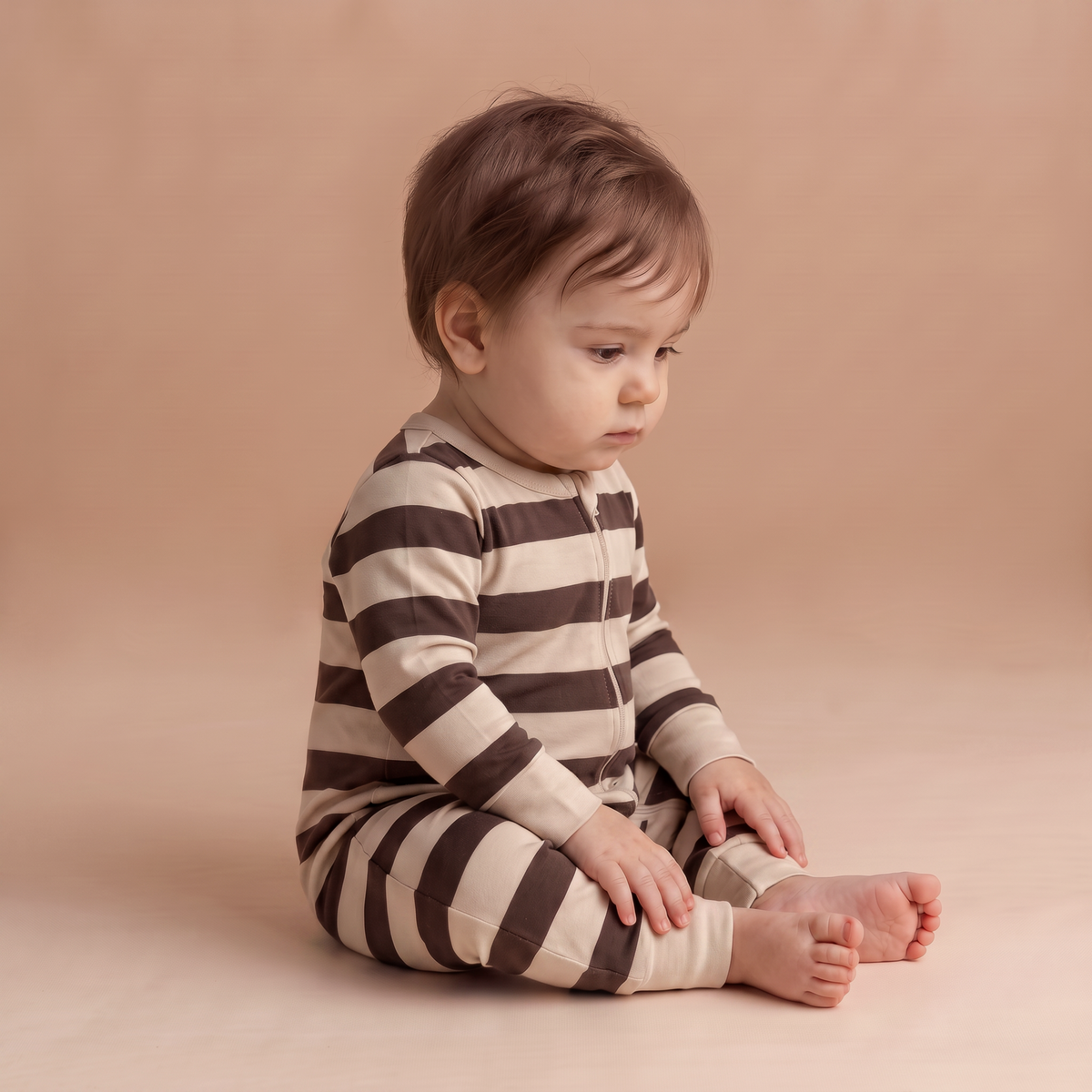 Organic Cotton 2-Way Zip Romper with Convertible Footies & Mittens for Babies – Mocha Stripe
