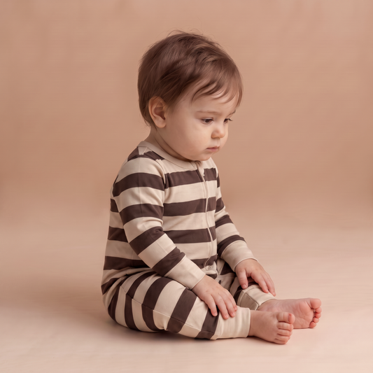 Organic Cotton 2-Way Zip Romper with Convertible Footies & Mittens for Babies – Mocha Stripe