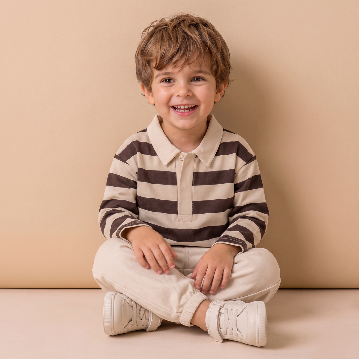 Organic Cotton Long Sleeve Polo for Toddlers – Mocha Stripe