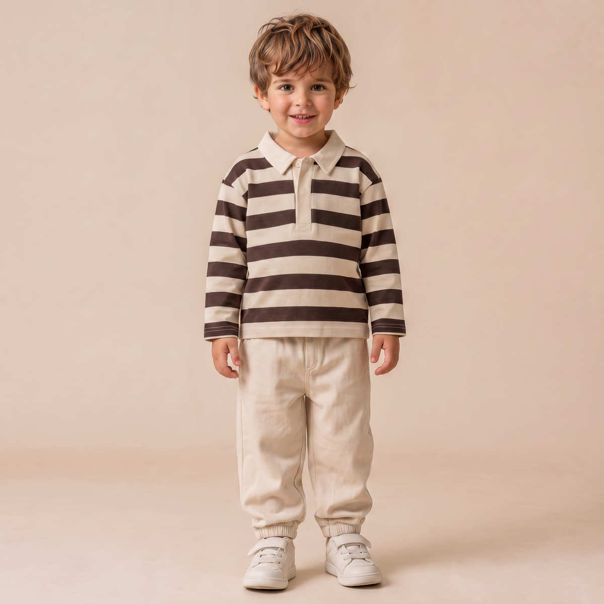 Organic Cotton Long Sleeve Polo for Toddlers – Mocha Stripe