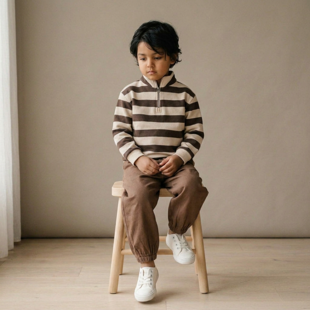 Organic Fleece Half-Zip Sweatshirt for Toddlers – Mocha Stripe