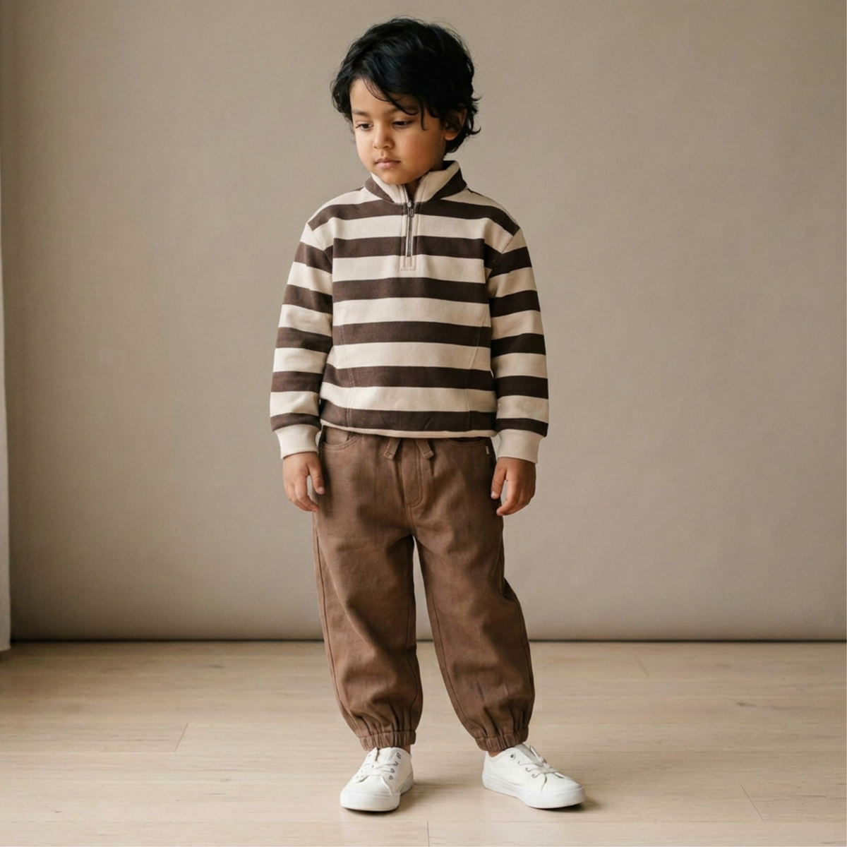 Organic Fleece Half-Zip Sweatshirt for Toddlers – Mocha Stripe