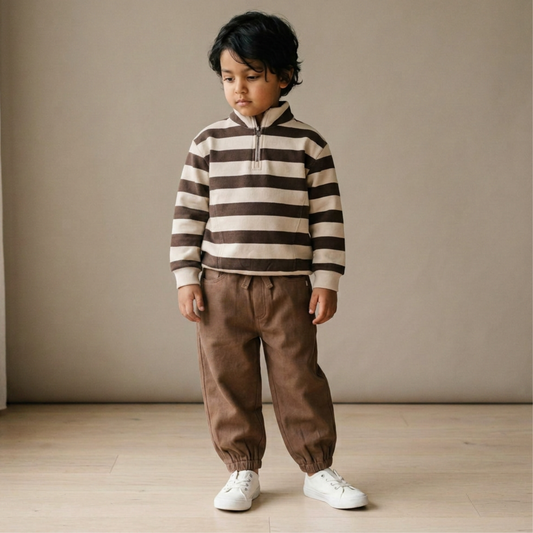 Organic Fleece Half-Zip Sweatshirt for Toddlers – Mocha Stripe