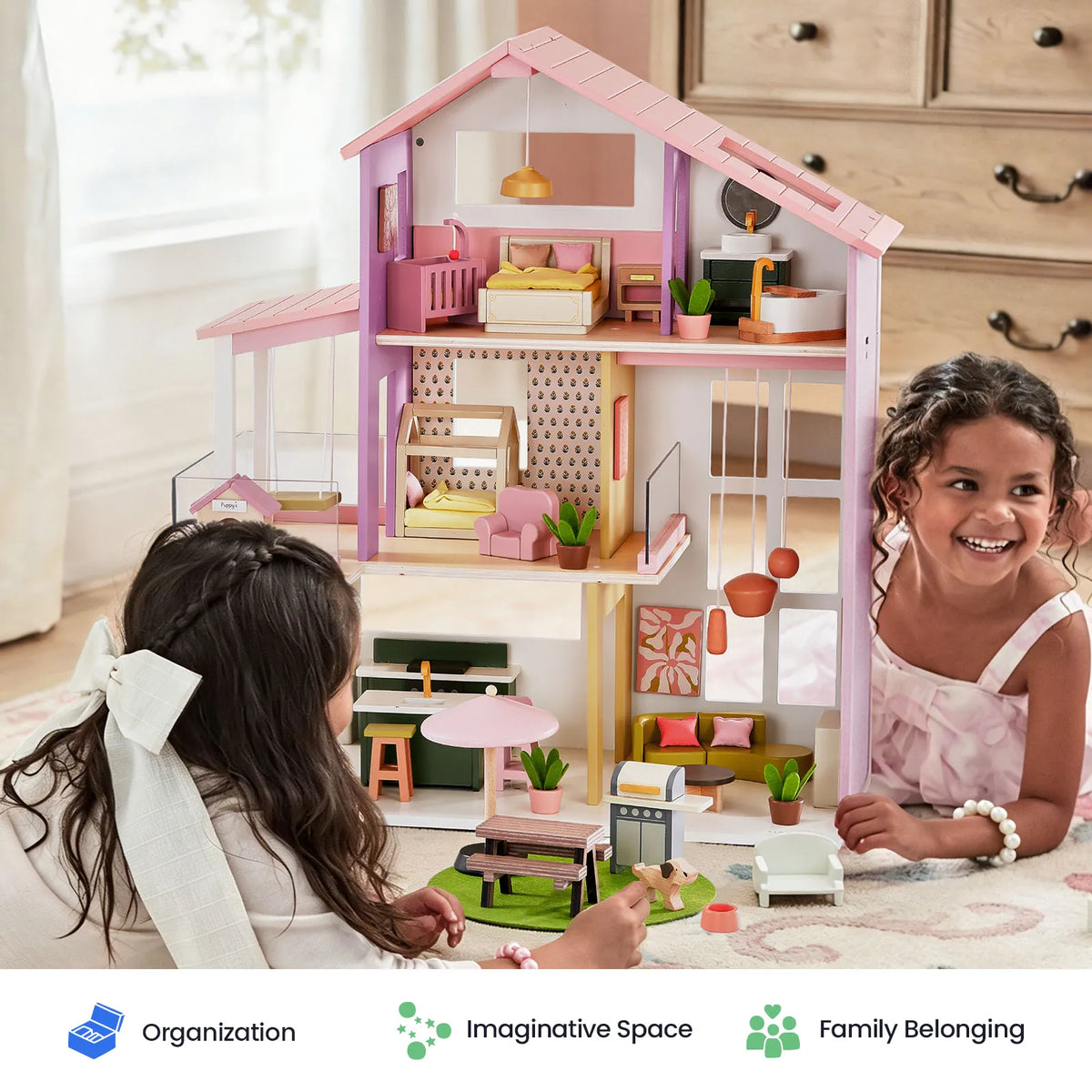 Tiny Land® Sweetwood Edge Wooden Dollhouse with Furniture – 3-Story 1:12 Scale Dollhouse, Green or Pink, Ages 3+