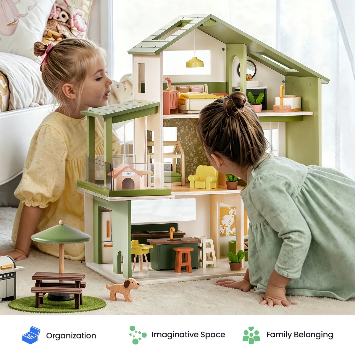 Tiny Land® Sweetwood Edge Wooden Dollhouse with Furniture – 3-Story 1:12 Scale Dollhouse, Green or Pink, Ages 3+