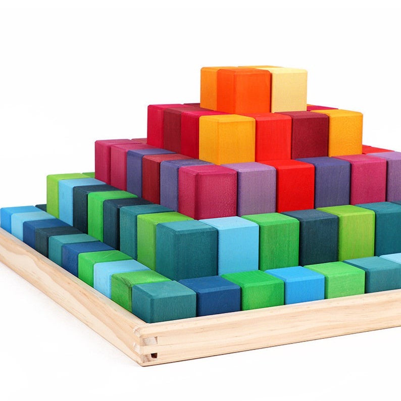 100 Pcs STAINED Large Stepped Pyramid Wooden Stacking Building Blocks