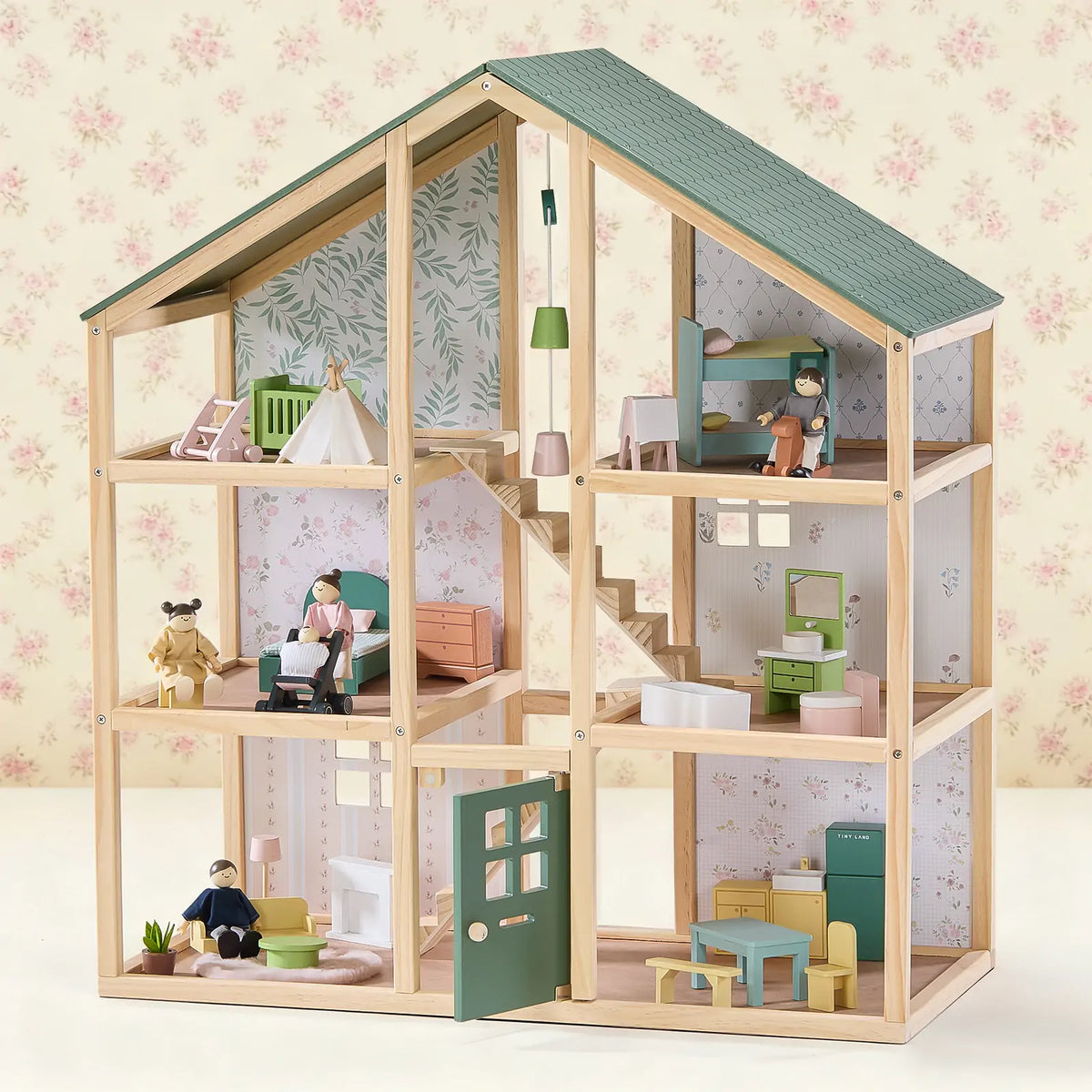 Tiny Land® Sweetwood Evergreen Wooden Dollhouse with Doll Family – 31-Piece Furniture Set & Stroller, Ages 3+