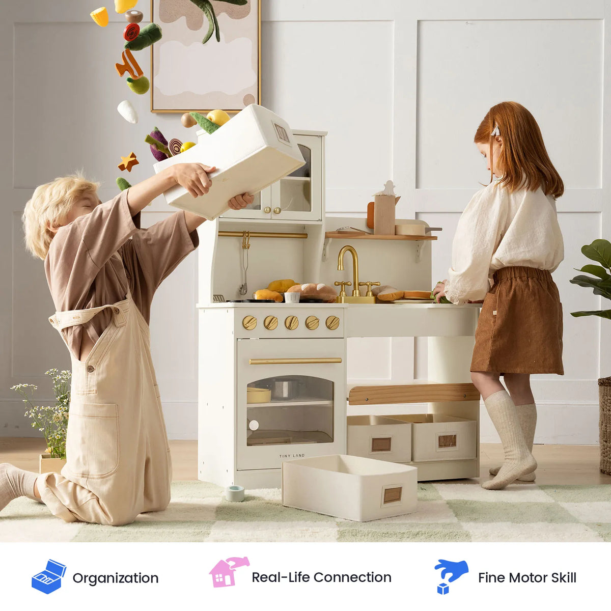 Tiny Land Wooden Play Kitchen with Storage – Cottage-Style Toddler Kitchen