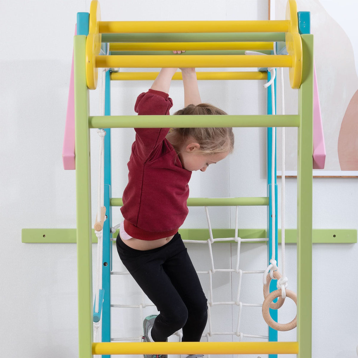 Avenlur Grove 8-in-1 Foldable Wall-Mounted Indoor Jungle Gym with Slide, Rope Net & Swing