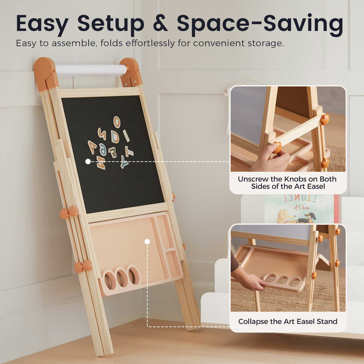 Tiny Land® Caramel Magnitales Art Easel & Paper Roll Set – Double-Sided Magnetic Easel with 3 Extra Paper Rolls, Ages 3–8